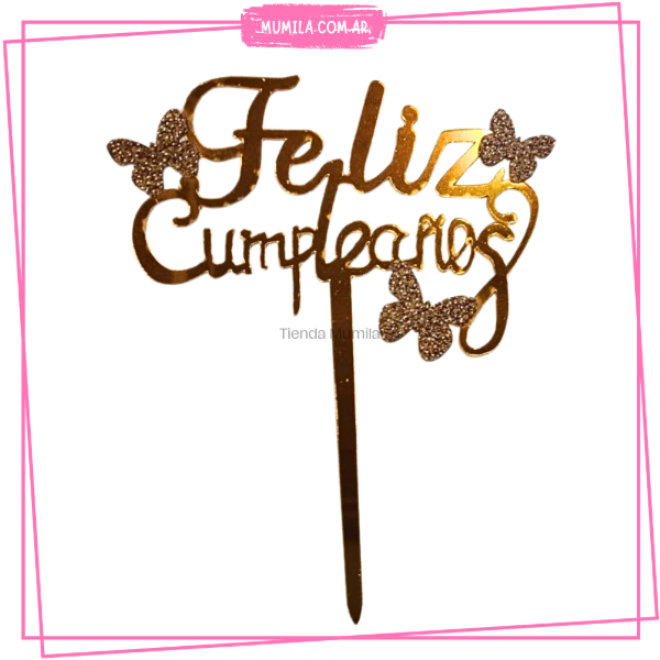 Producto - Topper Feliz cumpleaños dorado mariposas doradas