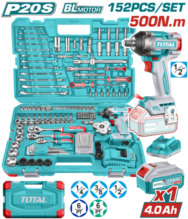 Producto - Kit Llave de Impacto 20V 500Nm + Juego Herramientas - 152 Pzs - TOTAL