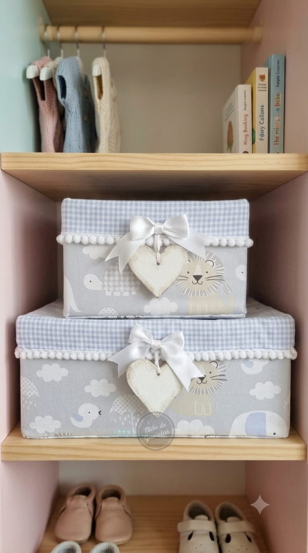 Producto - Cajas ordenadoras para placard forradas en tela "Animalitos en gris"