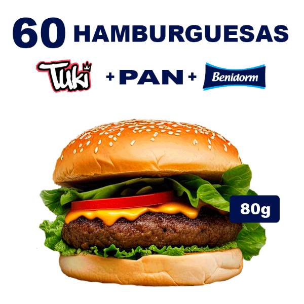 Producto - 60 Hamburguesas De Carne TUKI de 80g + Pan + Ade