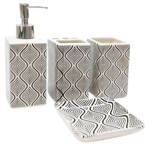 Producto - Set Accesorios Organizadores de Baño X4 de Cerámica "Rombos Natural/Negro"