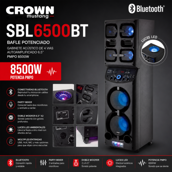 Producto - PARLANTE TORRE CROWN MUSTANG SBL-6500BT DOBLE WOOFER 6.5" X2  8.500 PMPO