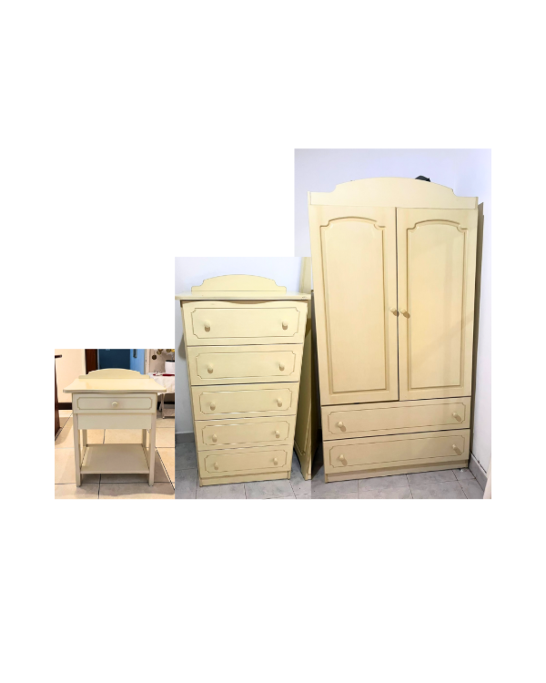 Producto - Ropero, cajonera y mesita de luz de madera laqueada / juntos o separados