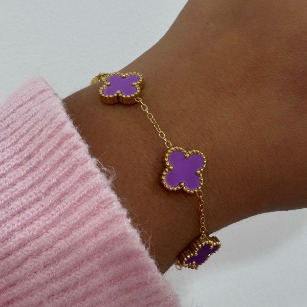 Producto - PULSERA DORADA TREBOLES LILAS