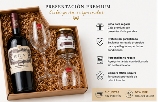 Producto - Caja de Regalo Rutini Cabernet Malbec + 2 Copas y Delicatessen - 3