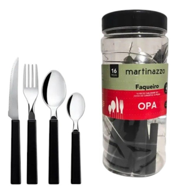 Producto - Juego De 16 Cubiertos Martinazzo Opa Negro Set Con Pote Cilíndrico