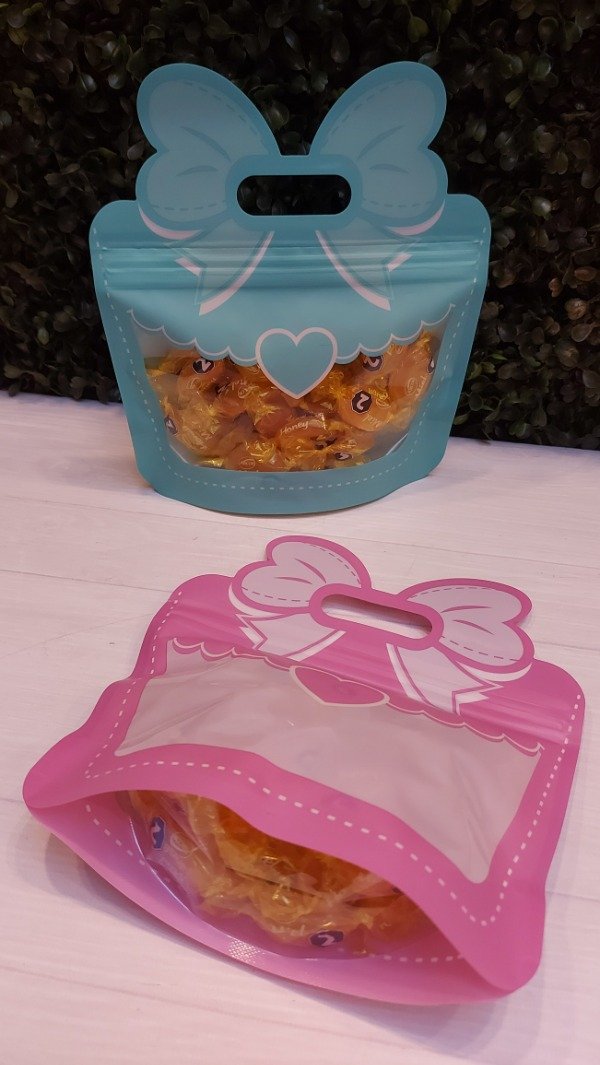 Producto - Bolsa doypack valijita con moño ROSA. Precio por unidad.