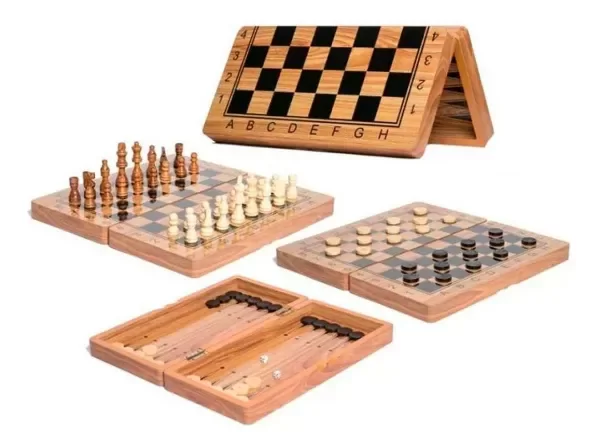 Producto - JUEGO DE MESA DAMAS AJEDREZ BACKGAMMON TABLERO 23 CM MADERA