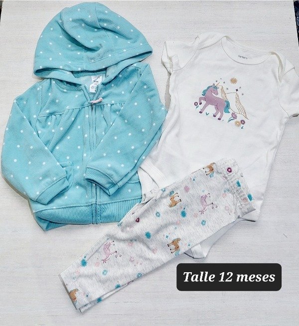 Trio carters campera pantalon y body talle 12 meses celeste