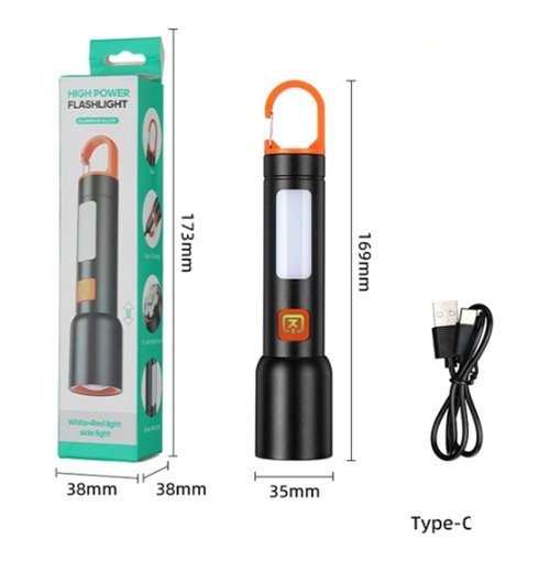 Producto - Linterna Mano Aluminio Recargable USB Tipo C 3 Colores de Led y Clip para colgar - 5