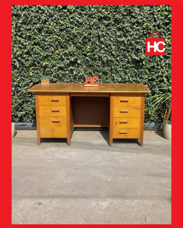Producto - Gran escritorio de oficina vintage en madera con doble cajonera - 0