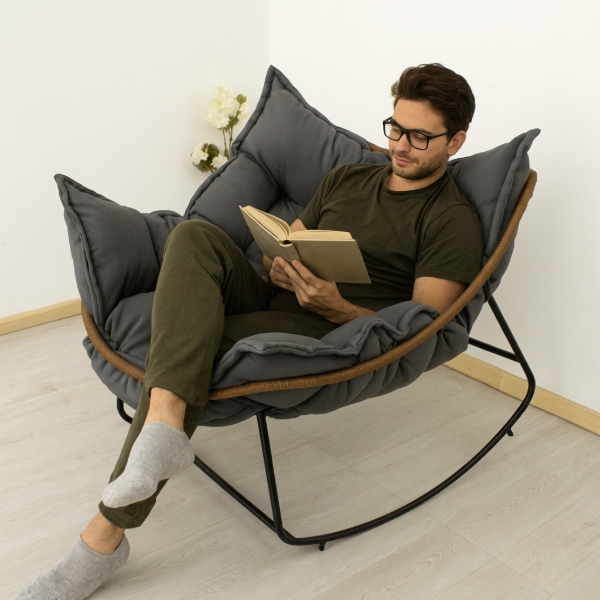 Producto - Sillón Mecedora 1 Cuerpo Artchairs Simil Yute + Cojín Gris - 0