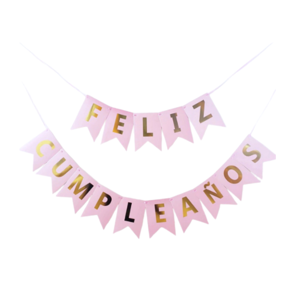 Producto - Banderin letra dorada FELIZ CUMPLEAÑOS color rosa pastel