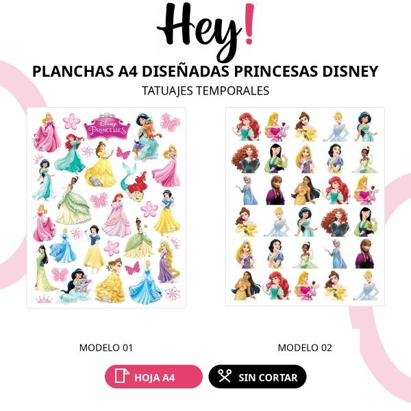 Producto - PLANCHAS A4 PREDISEÑADAS PRINCESAS DISNEY - TATUAJES TEMPORALES - 0