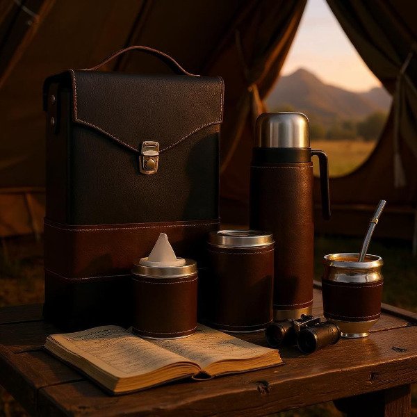Producto - SET COMPLETO ECOCUERO TERMO ACERO, BOLSO RIGIDO MARRON OSCURO