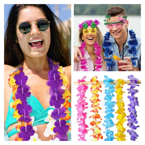 Producto - Collar de flores doble fluo, colores surtidos paquete x 12 unidades