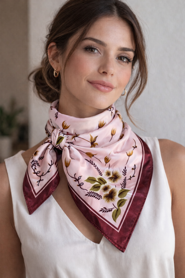 Producto - Pañuelo de seda  flores  rosa y bordo