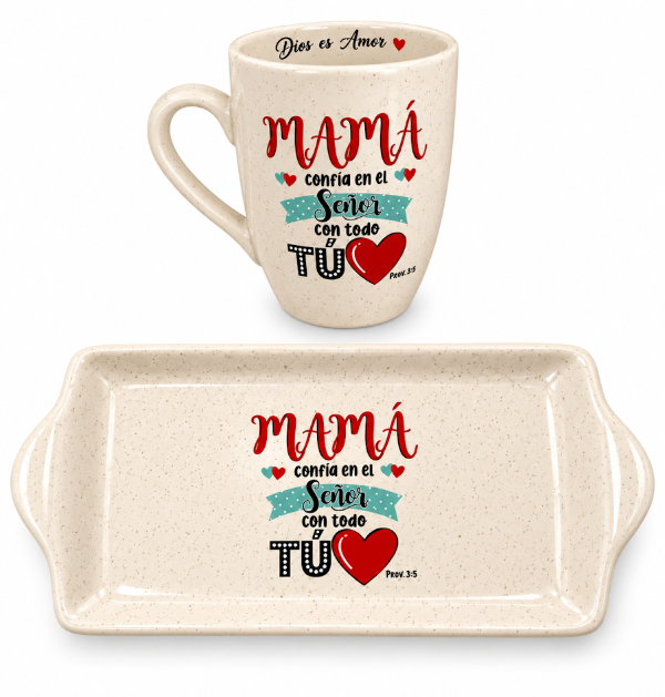 Producto - PROMO X1 Kit Mamá 08: Taza jaspeada + bandeja de loza jaspeada