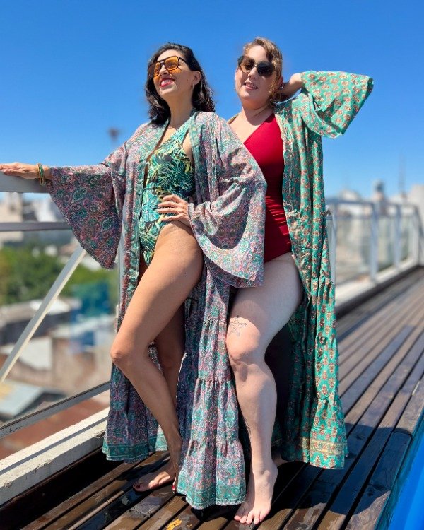 Producto - Kimono Boho Línea Gold Rosa y Petróleo Pastel M a XXL