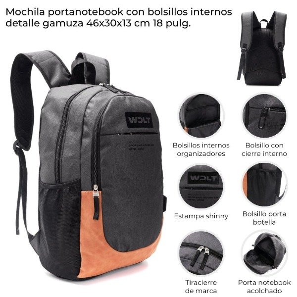 Producto - MOCHILA PORTANOTEBOOK CON BOLSILLOS INTERNOS DETALLE GAMUZA 18 PULG COD 42850