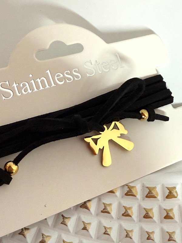 Producto - CD133 Collar cordón gamuzado largo con dije moño acero dorado