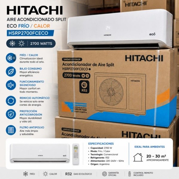 Producto - Aire Acondicionado Hitachi 2700W ECO Frío/Calor - Modelo: HSRP2700FCECO