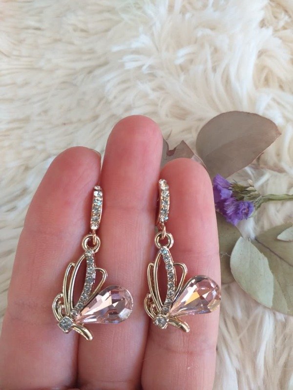 Producto - AF0036 Aro Cubano strass Mariposa colgante piedra Rosa