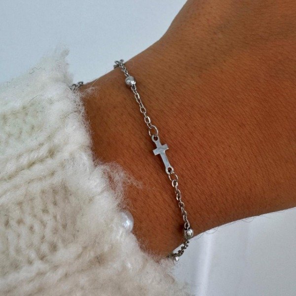 Producto - PULSERA ACERO ESPEJITO CON ESFERAS Y CRUCES LISAS