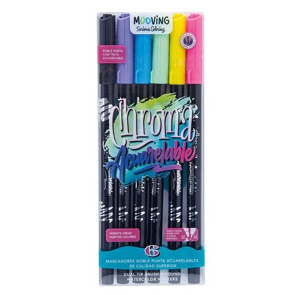 Producto - MARCADOR MOOVING DOBLE PUNTA ACUARELABLE BLISTER X 6 COLORES