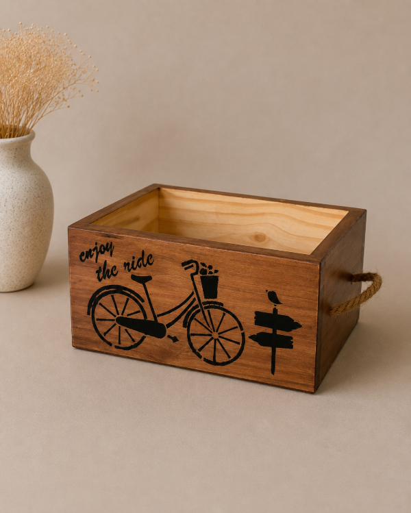 Producto - cajón en madera con manijas de yute: "bici" color betún