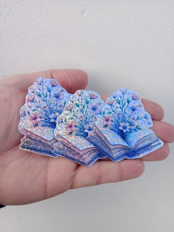 Producto - Sticker libro con flores holográfico glitter