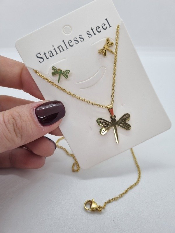 Producto - Set cadena + aritos acero dorado libelula