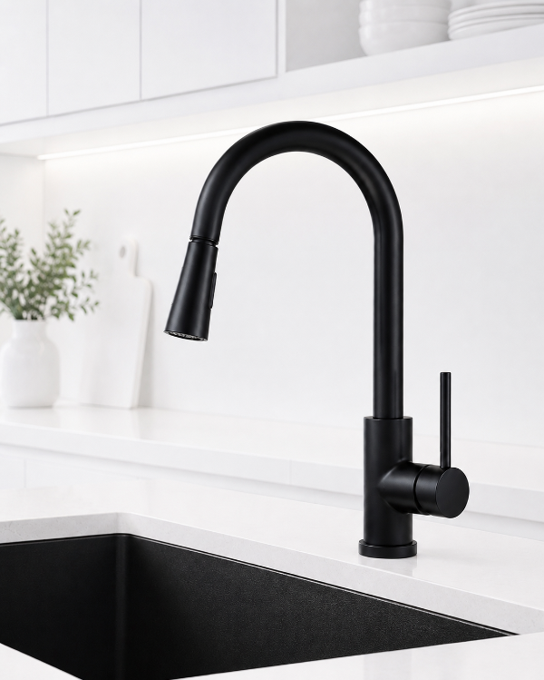Producto - Grifería pico curvo cuello extensible regulador lluvia - Negro industrial - BAR - 0