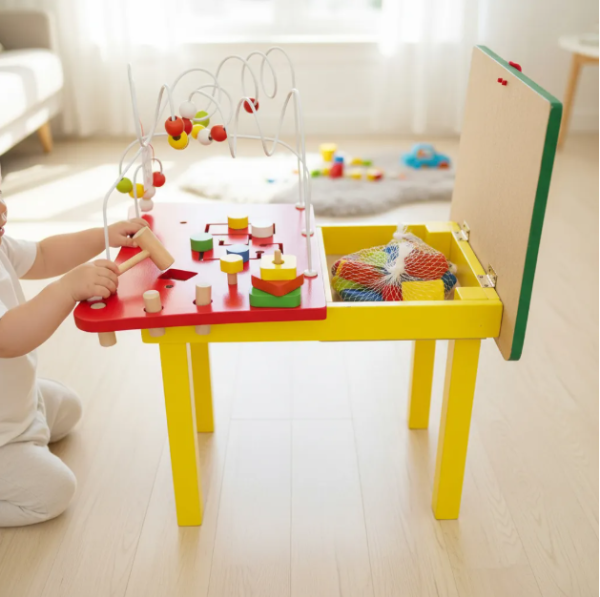 Producto - Mesa Didáctica, De Madera 5 Juegos + Pizarra y Cajón de Guardado