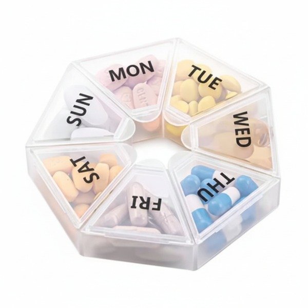 Producto - PASTILLERO HEXAGONAL SEMANAL DE PLASTICO 8CM