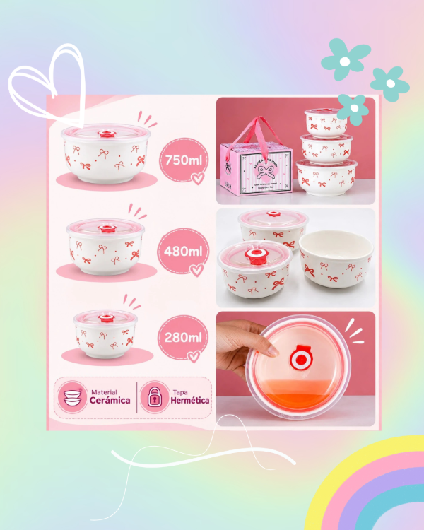 Producto - Set x3 Bowls Cerámica con Tapa Hermética Moños - 1