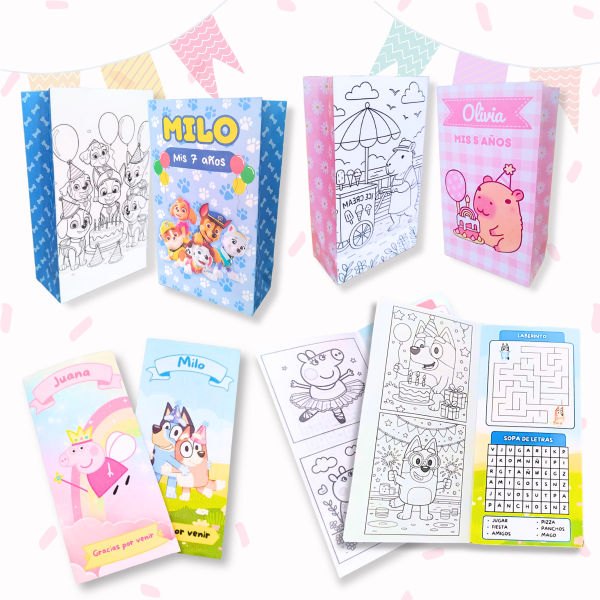 Producto - Combo pack de 10 bolsitas golosinera para cumpleaños mas 10 trípticos.