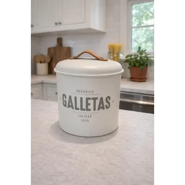 Producto - Lata metálica para galletas con asa de cuero