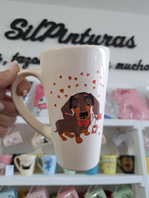Producto - Taza choco alta Perro salchicha corazones