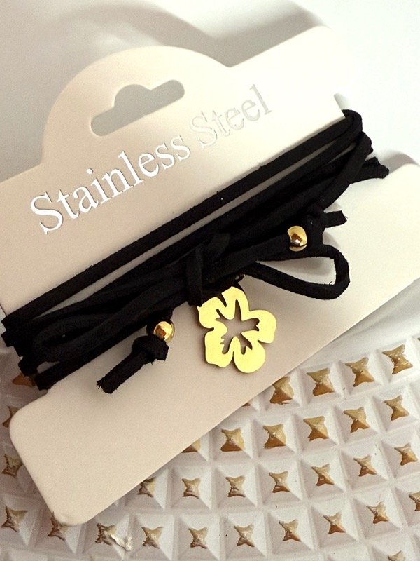 Producto - CD135 Collar cordón gamuzado largo con dije flor acero dorado
