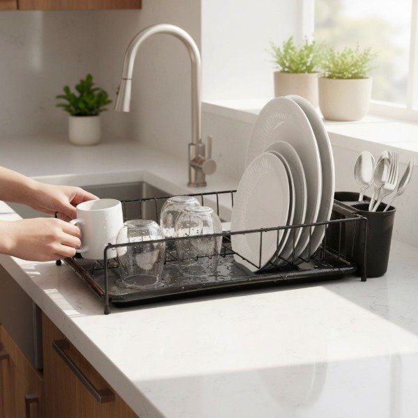 Producto - SECA PLATOS DE METAL NEGRO CON BANDEJA Y PORTA CUBIERTOS 38X24X10CM