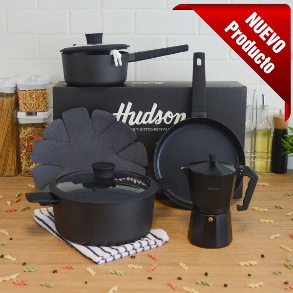 Producto - Batería de cocina Hudson Daily 6 piezas cafetera italiana negro total