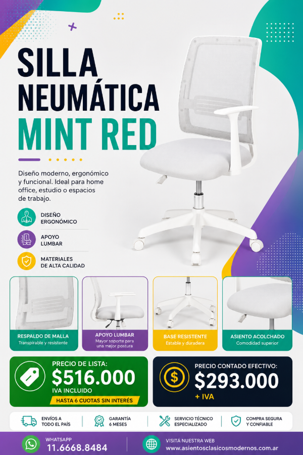 Producto - HOME OFFICE Silla MINT Neumática C/Brazos, Respaldo RED TOTAL WHITE!!