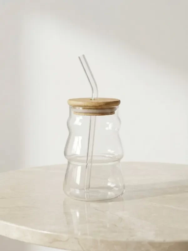Producto - Vaso de vidrio boro 380cc con sorbete y tapa de bamboo
