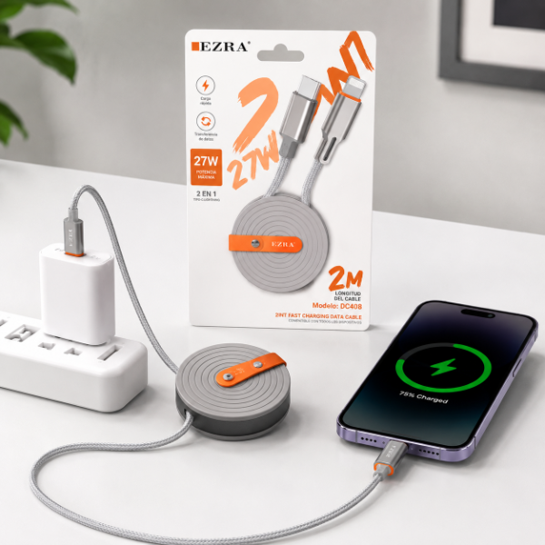 Producto - Cable 2En1 de 2Mts Carga Ultra Rápida Para IPhone Y Tipo C de 27w DC409. - 1