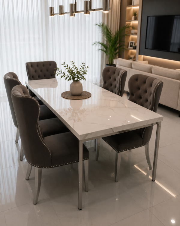 Producto - MESA COMEDOR MARMOLADA CON PATAS METALITAS + SILLAS CAPITONES
