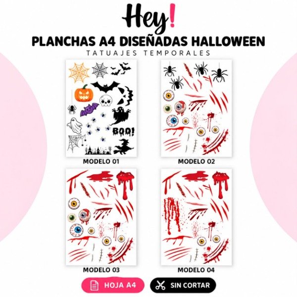 Producto - PLANCHA A4 PREDISEÑADA HALLOWEEN - TATUAJES TEMPORALES - 0