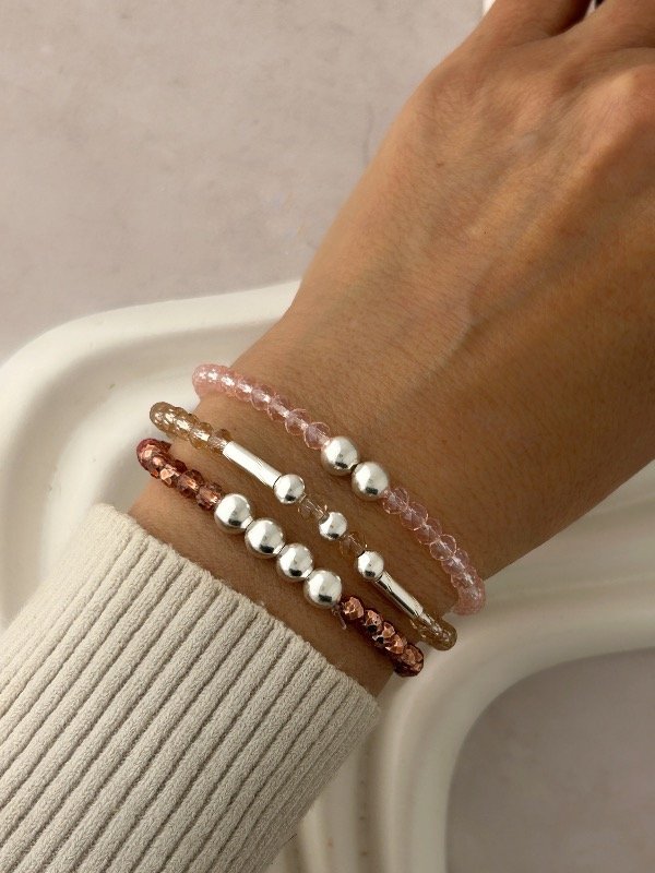 Producto - SET 3 PULSERAS BOLITAS DE PLATA Y CRISTALES 0041