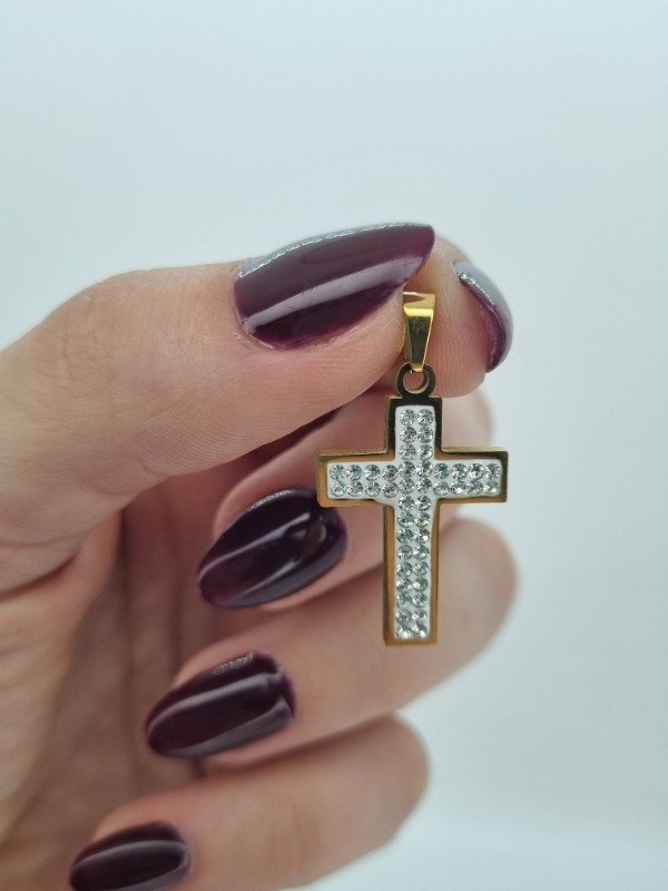 Producto - Dije acero dorado cruz llena strass fondo bco