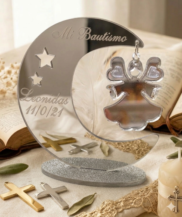 Producto - luna con ángel corazón acrílico espejo x 10 unid.